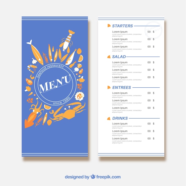 Modelo de menu de restaurante com design plano