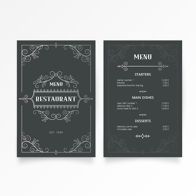 Vetor grátis modelo de menu de restaurante com ornamentos elegantes