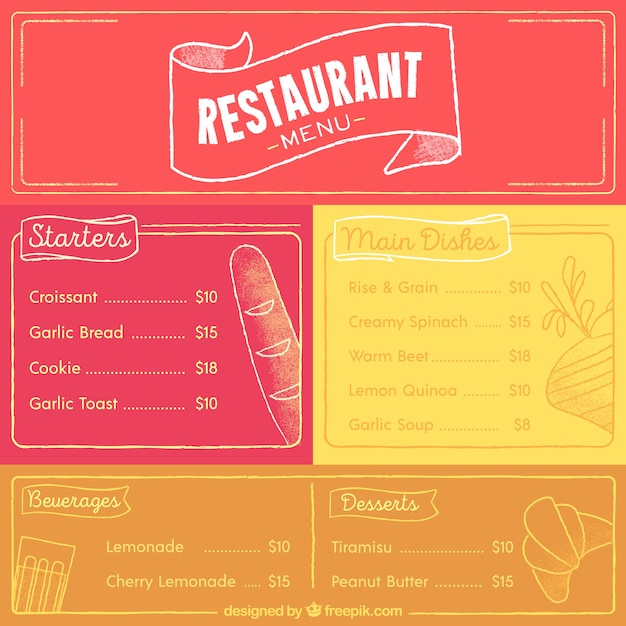Vetor grátis modelo de menu de restaurante com pratos diferentes