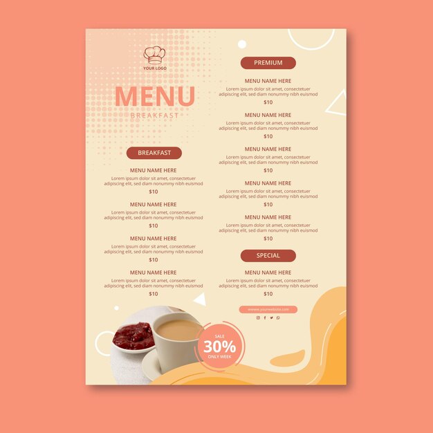 Modelo de menu de restaurante de café da manhã