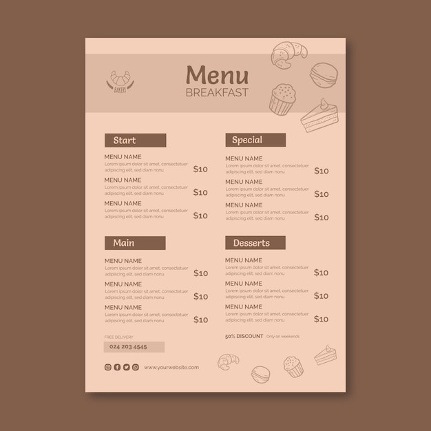 Modelo de menu de restaurante de café da manhã