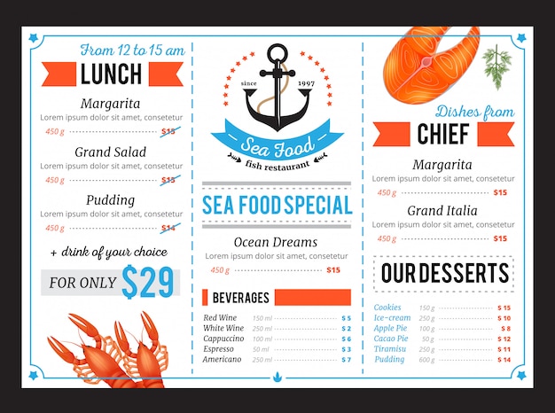 Vetor grátis modelo de menu de restaurante de comida de mar clássico com pratos de chef especial e oferta de almoço de orçamento diário