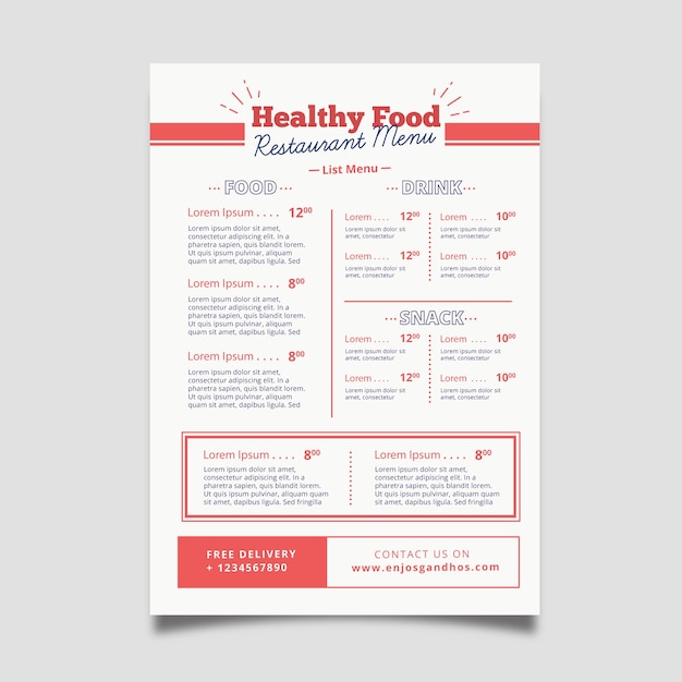 Vetor grátis modelo de menu de restaurante de comida saudável