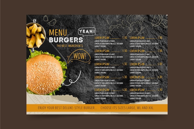 Modelo de menu de restaurante de hambúrgueres