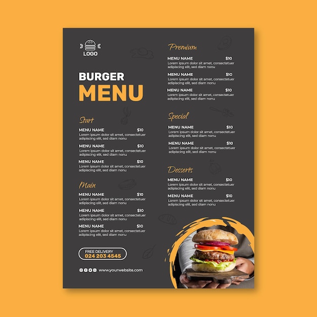 Modelo de menu de restaurante de hambúrgueres