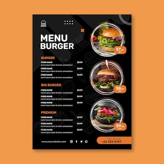 Modelo de menu de restaurante de hambúrgueres