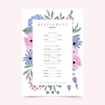 Modelo de menu de restaurante floral em aquarela