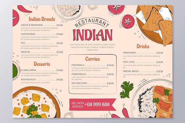 Modelo de menu de restaurante indiano tradicional desenhado à mão