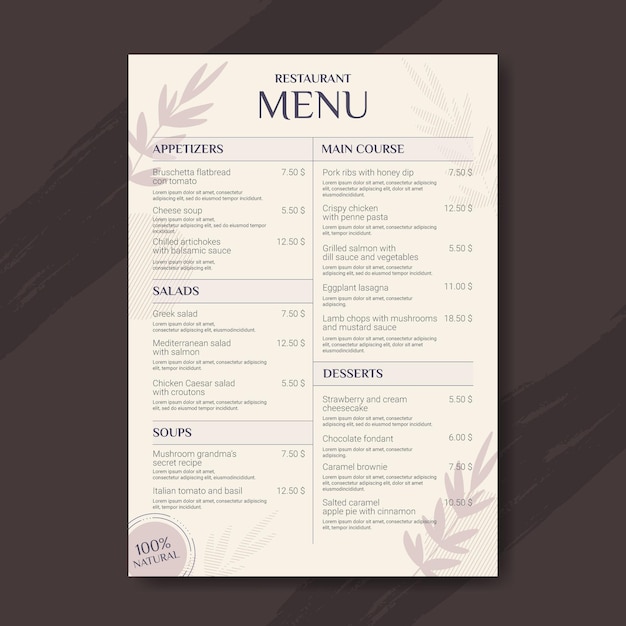 Modelo de menu de restaurante rústico plano