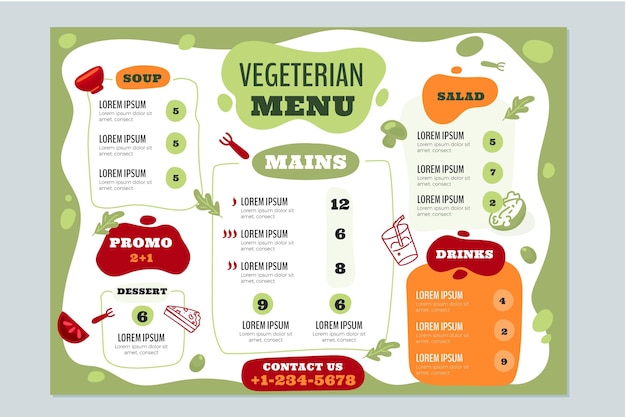 Modelo de menu de restaurante vegetariano desenhado à mão