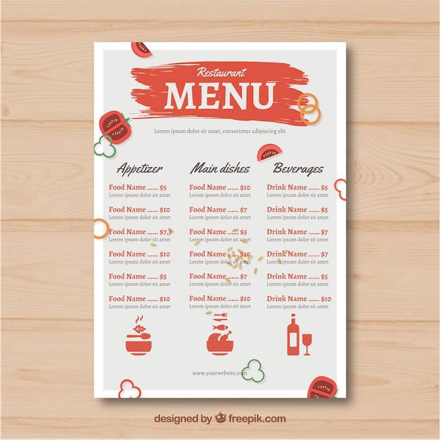 Modelo de menu de restaurante vermelho e branco