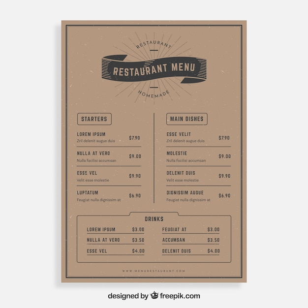 Modelo de menu de restaurante vintage