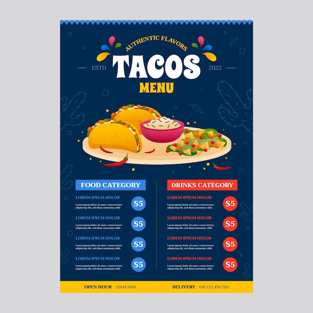 Modelo de menu de taqueria gradiente