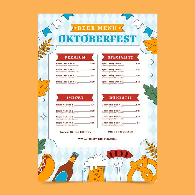 Modelo de menu desenhado à mão para a celebração do festival de cerveja Oktoberfest