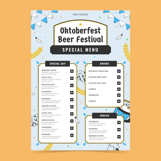 Vetor grátis modelo de menu desenhado à mão para celebração do festival de cerveja oktoberfest