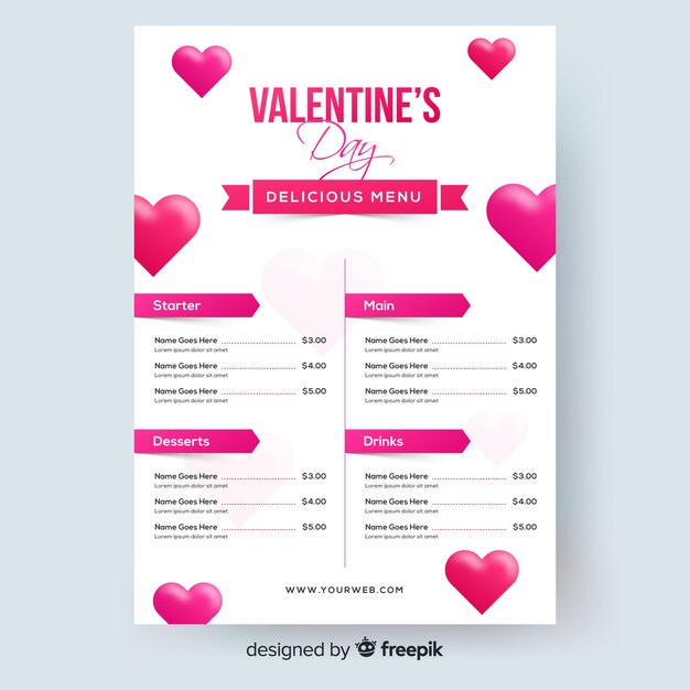 Modelo de menu do dia dos namorados em estilo realista