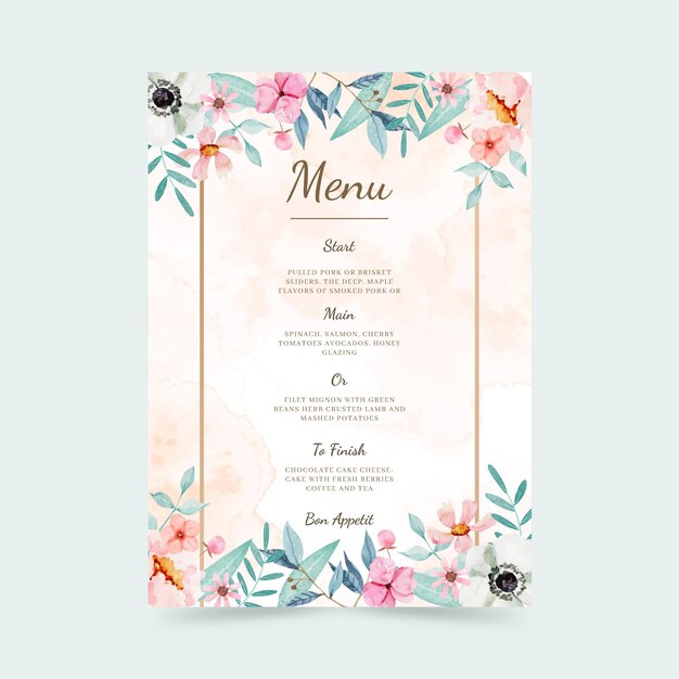 Modelo de menu floral colorido em aquarela