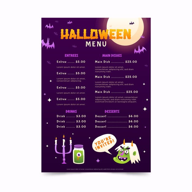 Vetor grátis modelo de menu gradiente de halloween