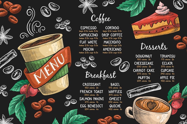 Modelo de menu horizontal com café e sobremesa