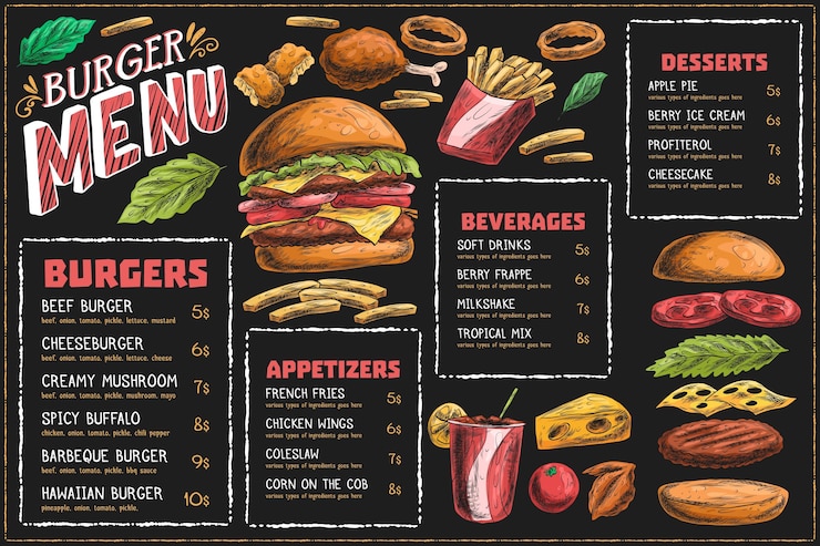Vetor grátis modelo de menu horizontal com hambúrguer e batatas fritas