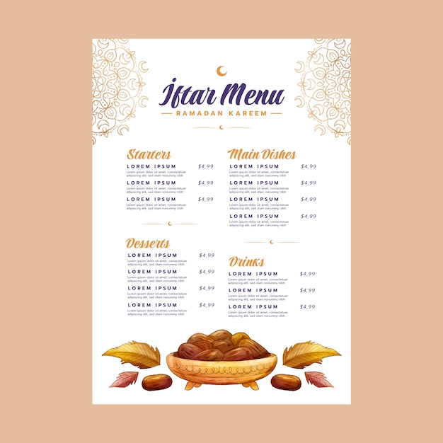 Vetor grátis modelo de menu iftar em aquarela