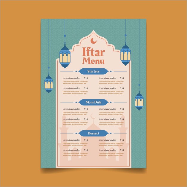 Modelo de menu iftar plano para celebração do ramadã