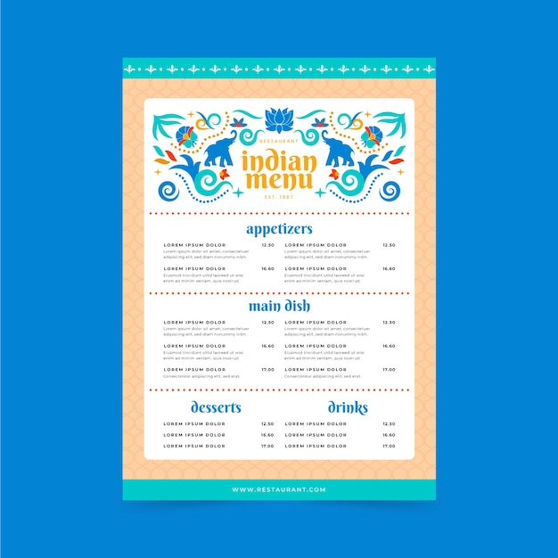 Vetor grátis modelo de menu indiano de design plano desenhado à mão