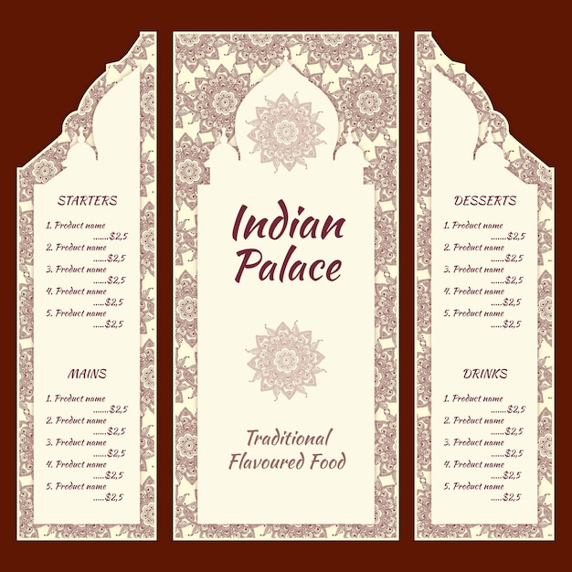 Modelo de menu indiano desenhado à mão