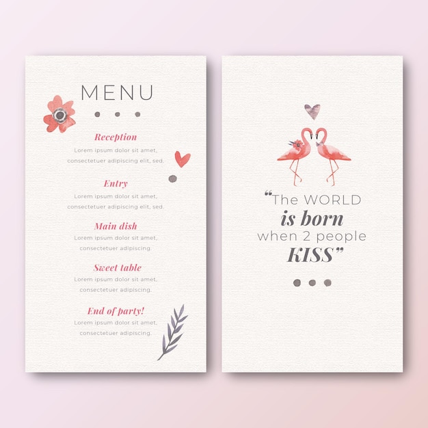 Modelo de menu para casamento com flamingos