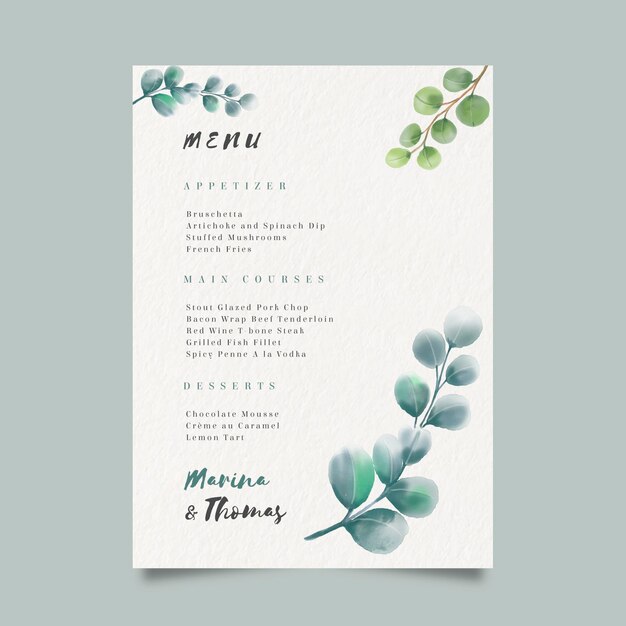 Modelo de menu para casamento em aquarela