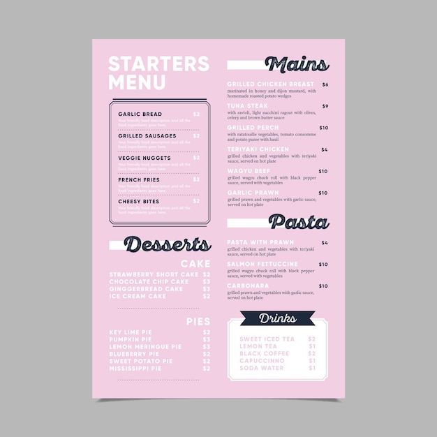 Vetor grátis modelo de menu para iniciantes modernos