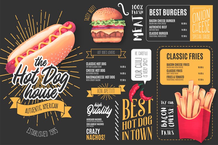 Vetor grátis modelo de menu para restaurante de cachorro-quente com ilustrações