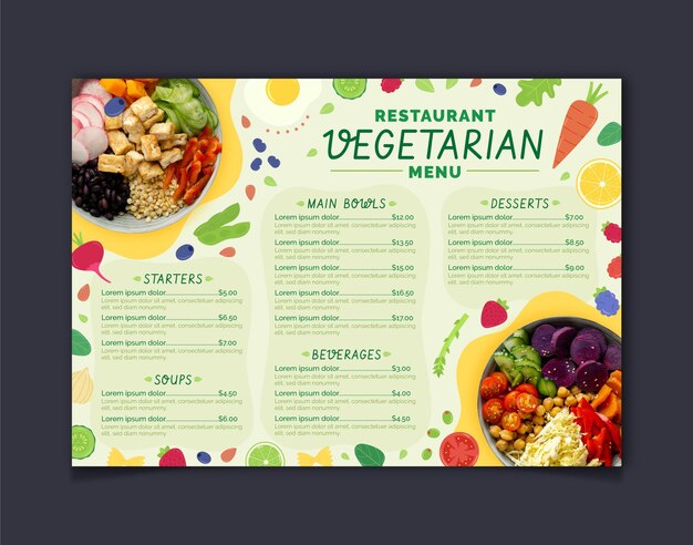 Modelo de menu plano de comida vegetariana desenhado à mão