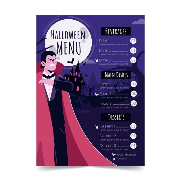 Modelo de menu plano de halloween desenhado à mão