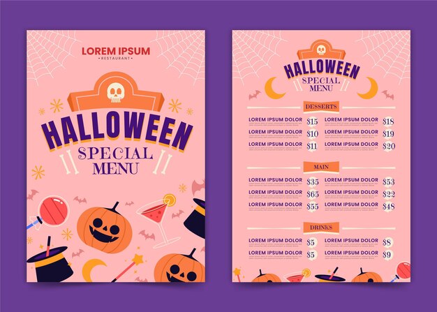 Modelo de menu plano de halloween desenhado à mão