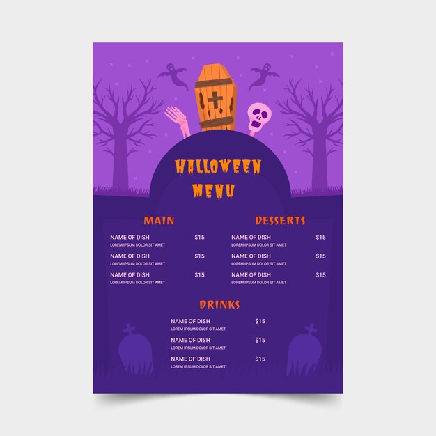 Modelo de menu plano de halloween desenhado à mão