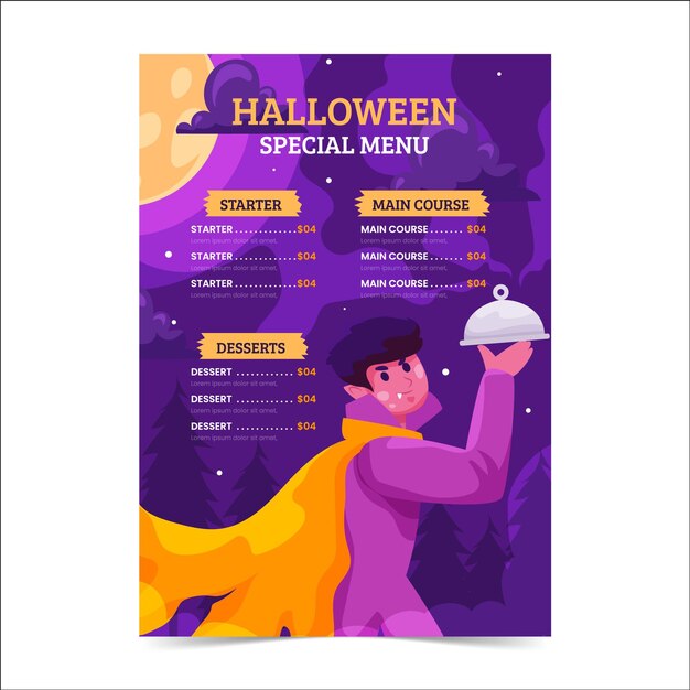 Vetor grátis modelo de menu plano de halloween desenhado à mão