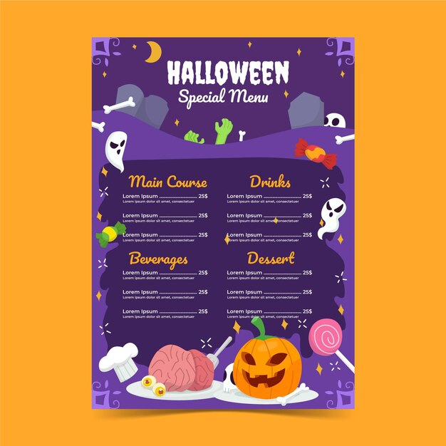 Modelo de menu plano de halloween desenhado à mão