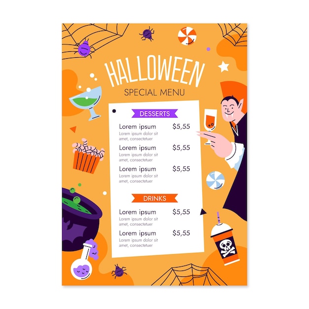 Modelo de menu plano de halloween desenhado à mão