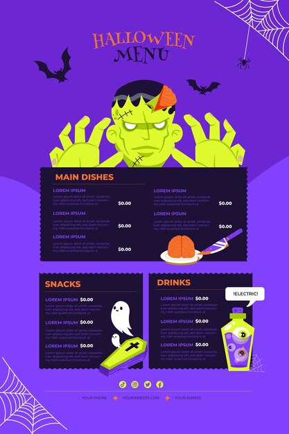 Modelo de menu plano de halloween desenhado à mão