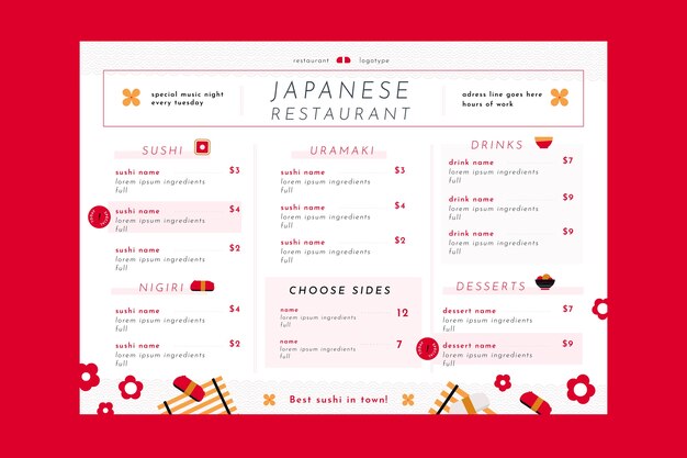 Modelo de menu plano de restaurante japonês