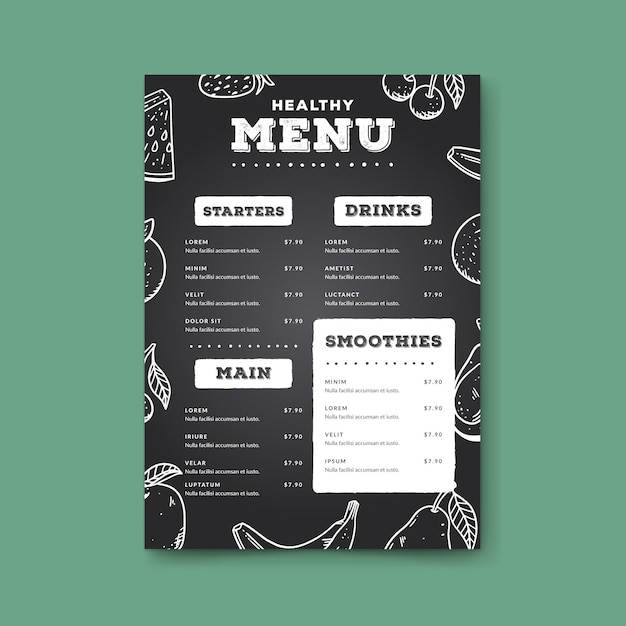 Modelo de menu saudável de estilo desenhado à mão