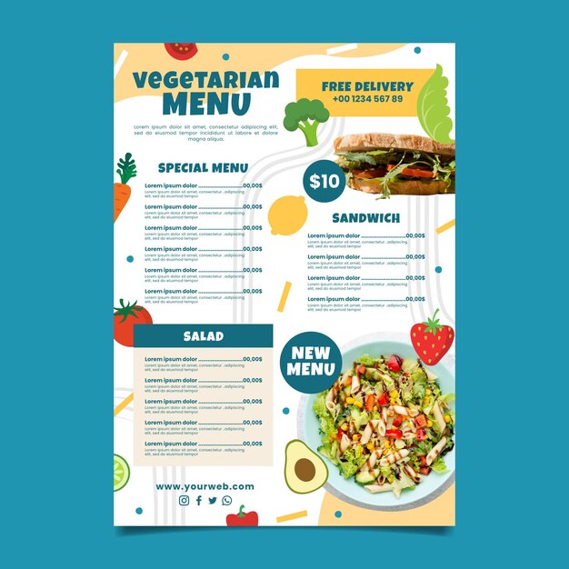 Modelo de menu vegetariano desenhado à mão