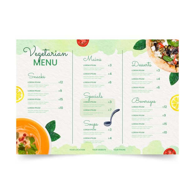 Modelo de menu vegetariano em aquarela