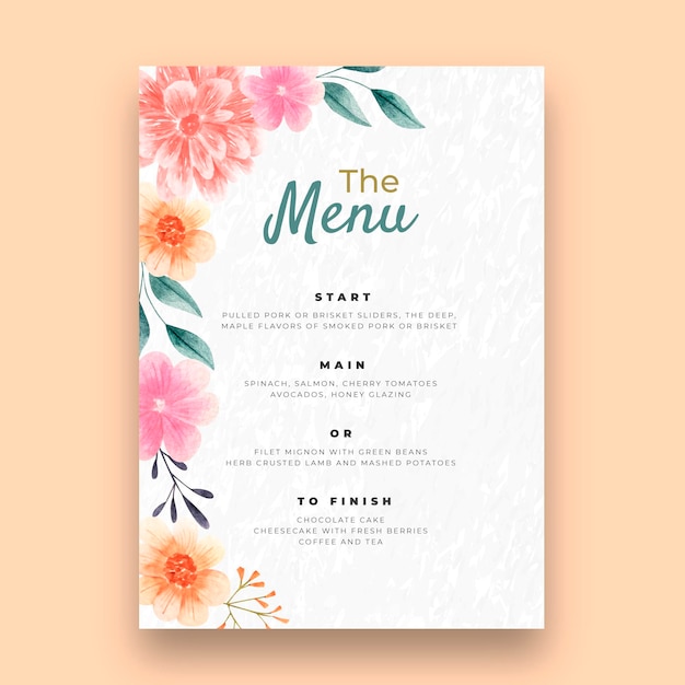 Modelo de menu vertical de casamento floral