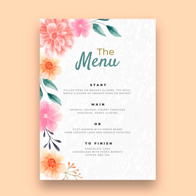 Modelo de menu vertical de casamento floral