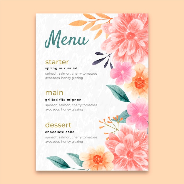 Modelo de menu vertical de casamento floral