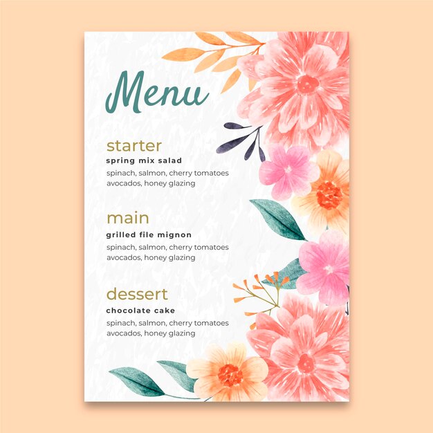 Modelo de menu vertical de casamento floral