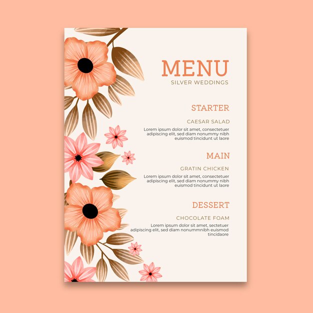 Modelo de menu vertical do vigésimo quinto aniversário de casamento