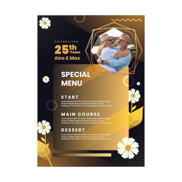 Modelo de menu vertical para aniversário de vinte e cinco anos com flores